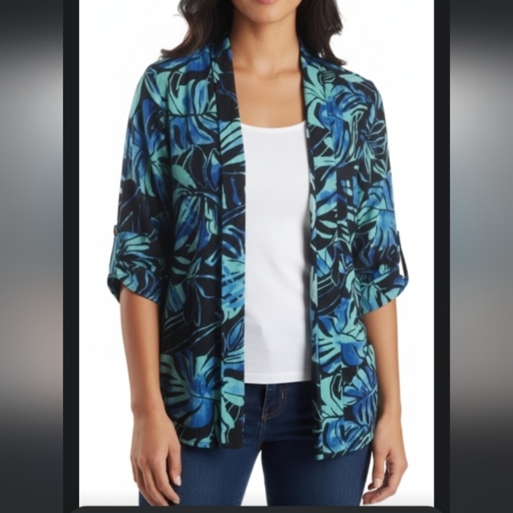 TanJay Tropical Leaf Print Ooen Front Cardigan Size XL